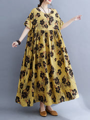 Pleated Printed Split-Joint Loose Short Sleeves Round-Neck Midi Dresses