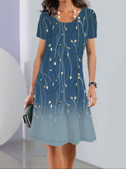 Flower Print A-Line Loose Round-Neck Mini Dresses