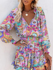 Contrast Color Flower Print Pleated Split-Joint Tied A-Line Long Sleeves V-Neck Mini Dresses