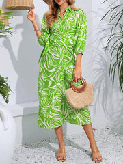 Elasticity Printed Tied Waist A-Line High Waisted Lapel Shirt Dress Midi Dresses