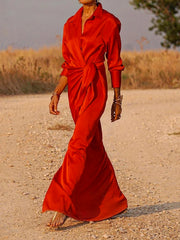 Long Sleeves Loose Solid Color Lapel Collar Maxi Shirt Dresses