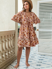Vacation Flared Sleeves Loose Floral Printed V-Neck Mini Dress