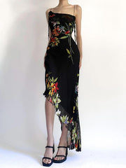 Flower Printed Sleeveless Spaghetti-Neck Split-Side Asymmetric Maxi Dresses
