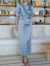 A-Line High Waisted Pleated Solid Color Split-Front Mock Neck Maxi Dresses