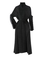 Casual Long Sleeves Loose Tied Pleated Stand Collar Midi Dresses