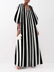 Puff Sleeves Three-Quarter Sleeves Striped V-Neck Maxi Dresses