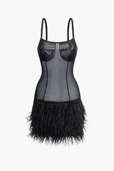 Faux Fur Hem Mesh Slip Mini Dress