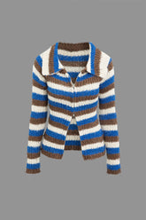 Contrast Frayed Collar Zipper Knit Coat