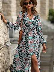 Bohemia A-Line Puff Sleeves Floral V-Neck Dress