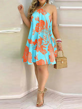 Contrast Color Floral Printed Loose Sleeveless Halter-Neck Mini Dresses