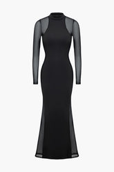Sheer Mesh Patchwork Mock Neck Long Sleeve Maxi Dress