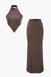 Halter Backless Lurex Knit Top And High Waist Mermaid Maxi Skirt Set