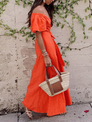 Split-Front Puff Sleeves Maxi Dress