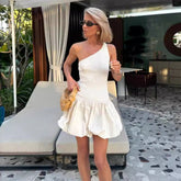 Elegant Knit Dress Women Sleeveless Off Shoulder Splice Folds Mini Dresses Ladies Hoilday Slim High Waist Dress Femme NewChristmas Gifts