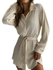 Buttoned Pleated Solid Color Tied Waist Long Sleeves Lapel Shirt Dress Mini Dresses