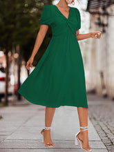 Elasticity Knot Pleated Solid Color Split-Joint A-line High Waisted V-neck Midi Dresses