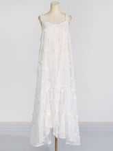 Layered Pleated Split-Joint Three-Dimensional Flower A-Line High Waisted Spaghetti-Neck Maxi Dresses