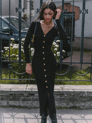 Fall Winter Long Sleeve Knitted Dress Button Slit Female Sweater Cardigan Dresses Slim Solid Elegant Office Lady ClothesChristmas Gifts