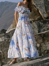 Flower Printed Short Sleeves One Shoulder Bohemia Maxi Dresses