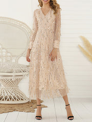 Long Sleeves Loose Gauze Pockets See-Through Sequined Split-Joint V-Neck Evening Dresses Midi Dresses