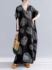 Casual Short Sleeves Loose Contrast Color Printed V-Neck Maxi Dresses