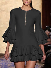 Double Layered Pleated Split-Joint Zipper A-Line Flared Sleeves Round-Neck Mini Dresses