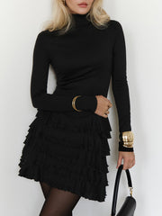 Ruffled Tierred Long Sleeve Mini Dress Female Fashion Patchwork Black Club Party Dress Turtleneck Folds Clothes AutumnChristmas Gifts