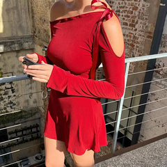 Lace Up Mini Dress For Women Sexy Off Shoulder Slim Long Sleeve Dresses Femme Party Ruffles Bodycon Elegant Dress WomanChristmas Gifts