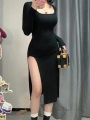 Ribbed Solid Long Sleeve Square Neck Mid Length Dress Sexy Side Slit Evening Party Elegant Vestido Ladies Dresses Bodycon