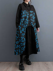 Buttoned Pleated Printed Split-Joint Long Sleeves Loose Lapel Midi Dresses