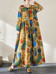 Pleated Polka-Dot Split-Joint A-Line Long Sleeves Round-Neck Maxi Dresses