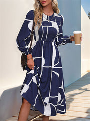 A-Line High Waisted Elasticity Printed Split-Joint Round-Neck Midi Dresses