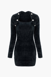Brushed Knit Square Neck Long Sleeve Mini Dress