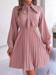 Pleated Solid Color Tied Long Sleeves Loose Mock Neck Mini Dresses