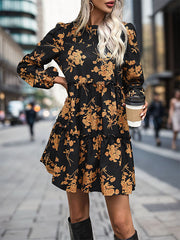 A-Line High Waisted Elasticity Flower Print Split-Joint Round-Neck Mini Dresses