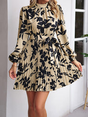 High Waisted Long Sleeves Flower Print Pleated Tied Waist Mock Neck Mini Dresses