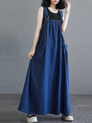 Pleated Pockets Split-Joint A-Line Loose Spaghetti-Neck Suspender Dress Maxi Dresses