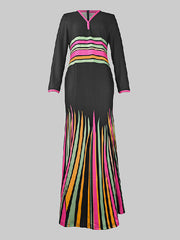 Long Sleeves Skinny Colorful Contrast Color Striped V-Neck Maxi Dresses