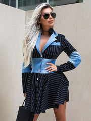 A-Line Long Sleeves Contrast Color Striped Lapel Collar Mini Dresses
