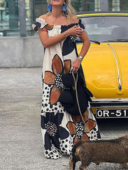 Flower Print Split-Joint Loose Short Sleeves Off-The-Shoulder Maxi Dresses