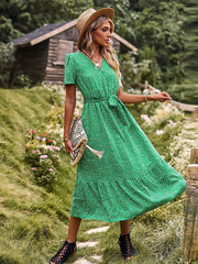 Bohemia A-Line Lace-Up Polka-Dot V-Neck Maxi Dress