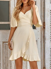 Flared Sleeves Half Sleeves Elasticity Ruffled Solid Color Split-Joint Tied Waist V-Neck Mini Dresses