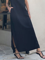 Loose Sleeveless Solid Color Split-Side Mock Neck Maxi Dresses
