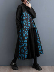 Buttoned Pleated Printed Split-Joint Long Sleeves Loose Lapel Midi Dresses