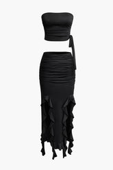 Knot Tie Tube Top And Ruffle Hem Ruched Skirt Set