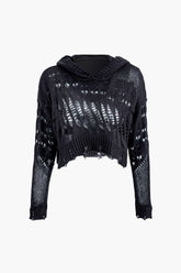Distressed Ripped Hollow Out Hooded Crop Knit Top