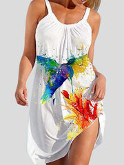 Animal Printed Pleated A-Line Loose Spaghetti-Neck Mini Dresses