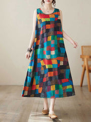 Contrast Color Multi-Colored Plaid Loose Sleeveless Round-Neck Midi Dresses