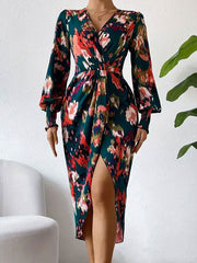 Elasticity Floral Printed Long Sleeves Loose V-Neck Shirt Dress Midi Dresses