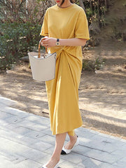 Original Solid Color Irregularity Pleats Midi Dress